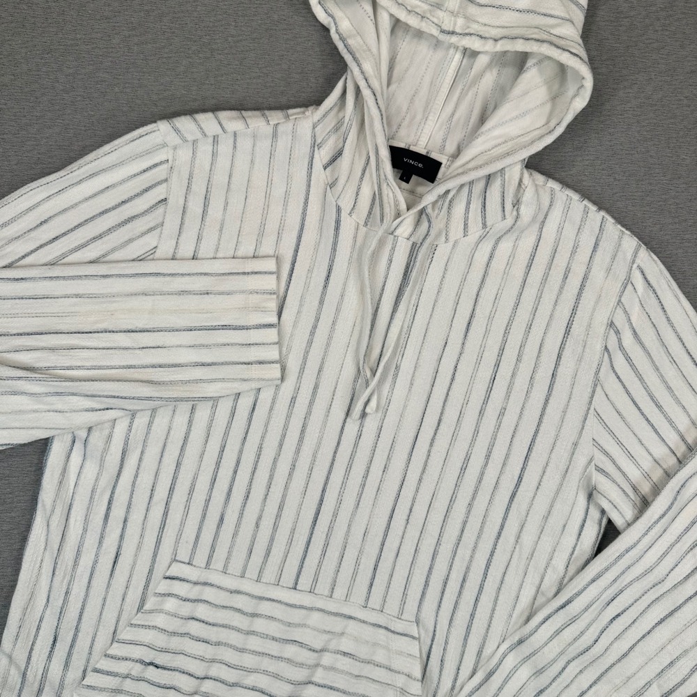 Vince Hoodie Mens Large White Blue Striped Cotton Pullover Kangaroo Pocket EUC